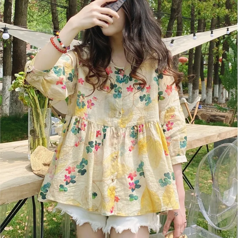 Floral Print Blouses & Shirts 2024 Summer Elegant Tops O-neck Buttons Loose Casual Shirt 3/4 Sleeve Korean Style Women Clothes