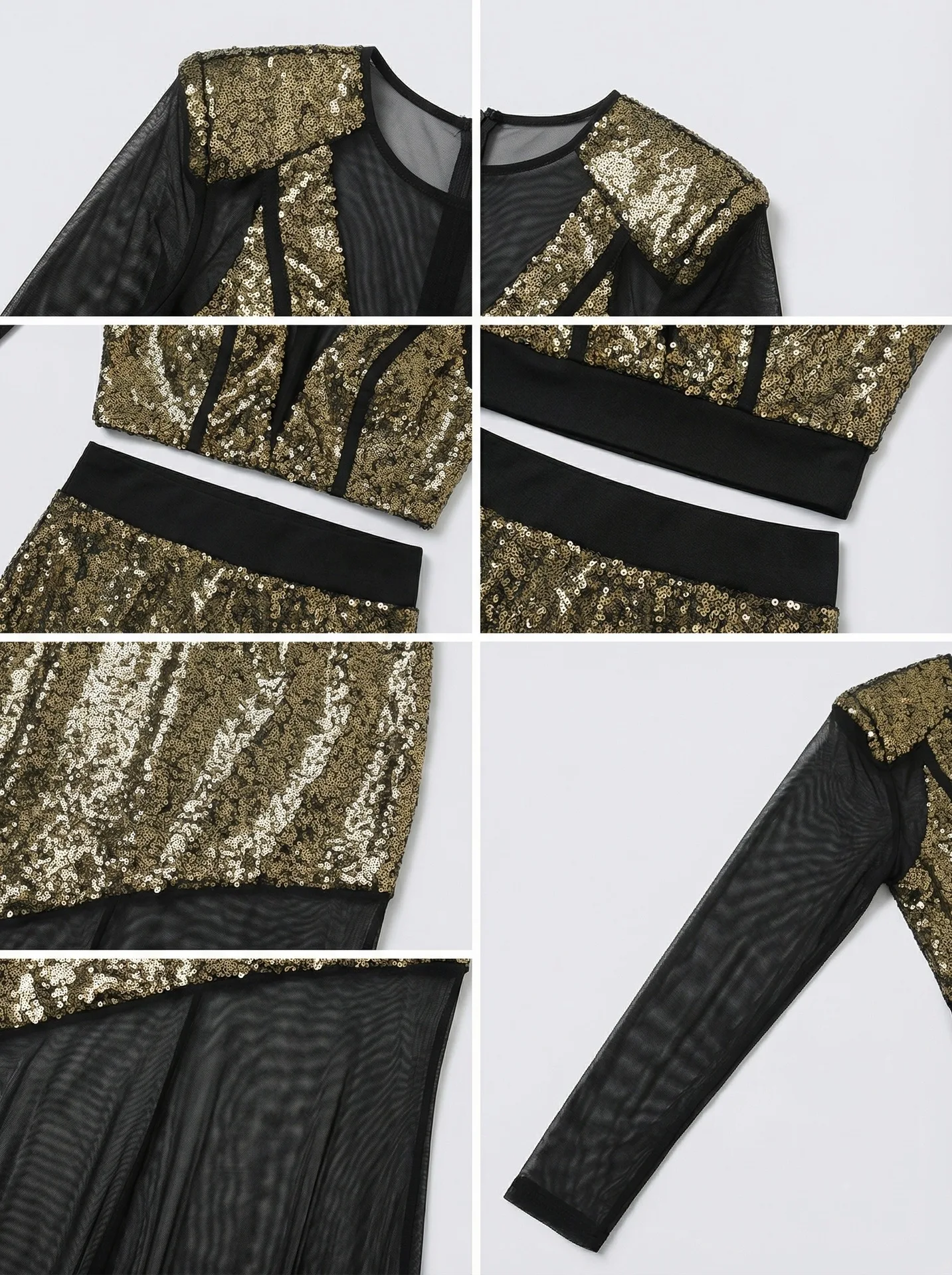 Vestido de Fiesta con Lentejuelas Doradas, Sexy, 2 Piezas, Top con Sujetador + Tul Negro, Mangas Largas, Vestido de Noche Formal para Invitadas de Boda, Cumpleaños