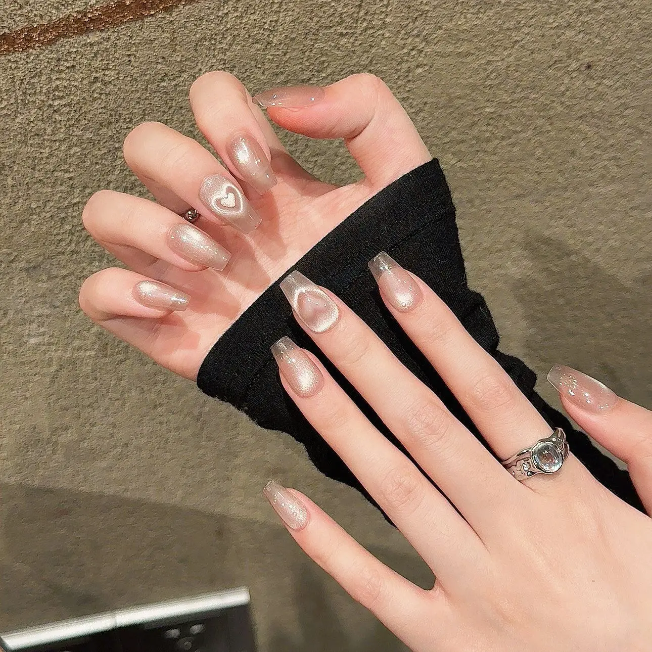 Handmade Press On Nails Pink Love Heart Flash Cat\'s Eye Fake Nail Patches Simple Detachable False Nail Tips Fashion Manicure