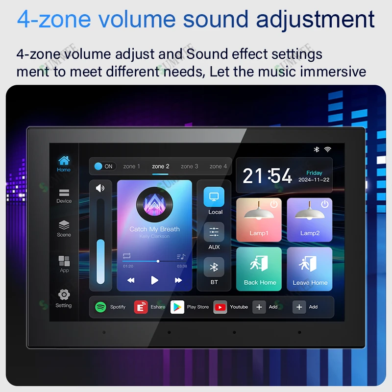 หน้าจอสัมผัสขนาด 8 นิ้ว 4 โซน Audio Wall เครื่องขยายเสียง Tuya สมาร์ทบลูทูธเสียงเพลงแผงควบคุม 8*30W RJ45 Android 11 ระบบ