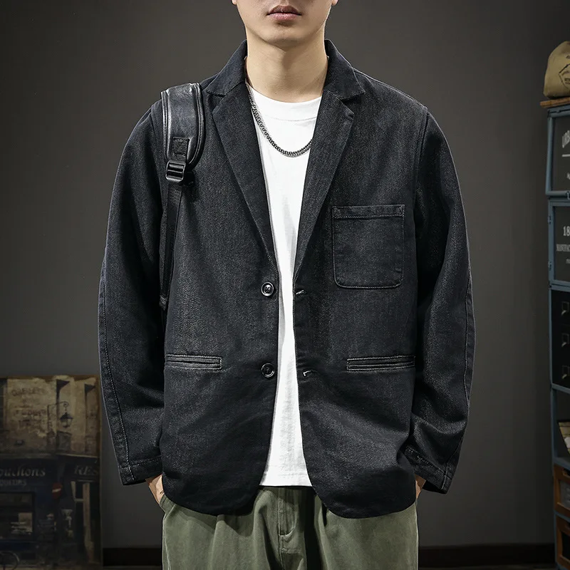 

High-end men's suit denim retro original color Lyocell denim men's autumn and winter new flat lapel long-sleeved suit jacket