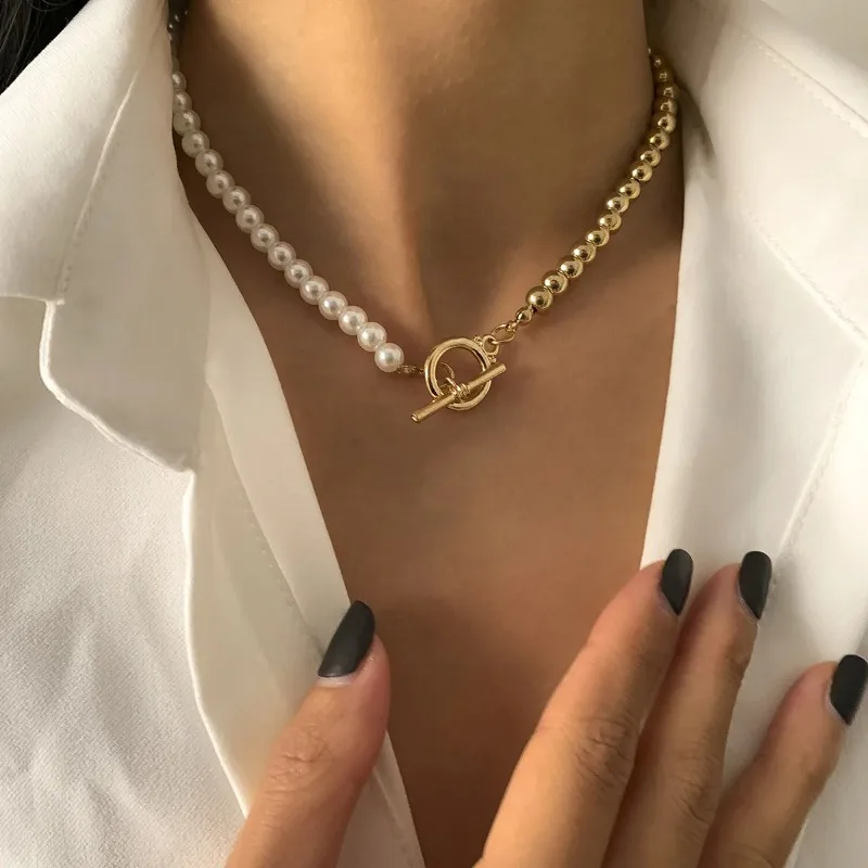 Minar Classic Imitation Pearl Beads Asymmetric Beaded Necklace for Women Gold Plated Alloy CCB Strand Toggle Clasp Circle Choker