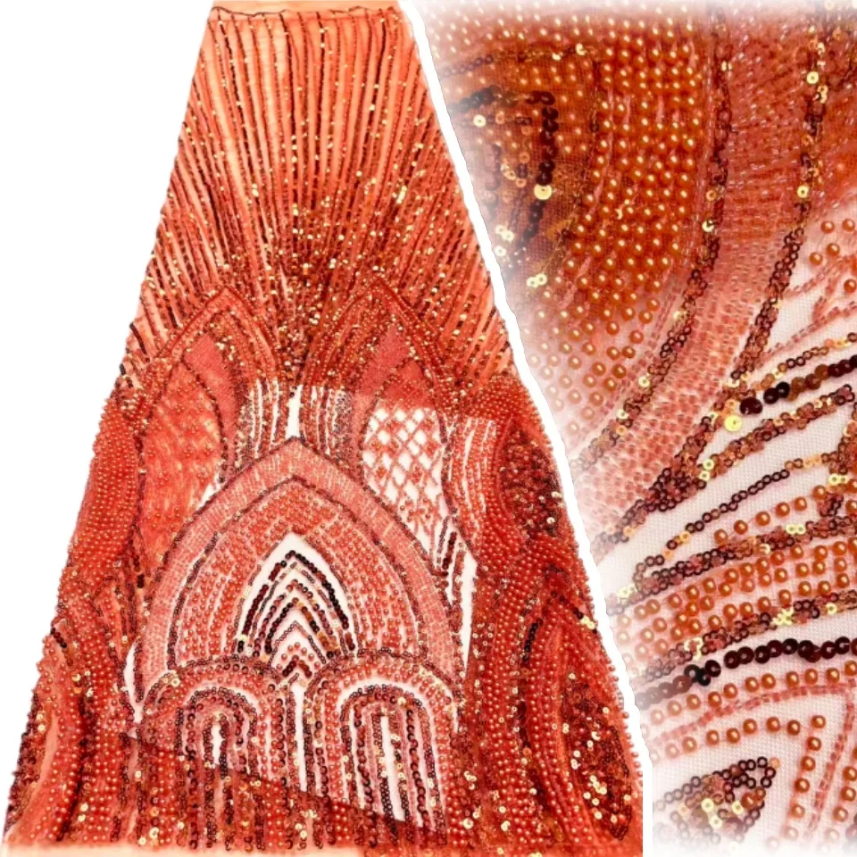 

High-Quality Luxury African Embroidered Sequined Lace Fabric, 2026 Nigerian Beaded Lace Fabric Suitable For Wedding Dresses 1995