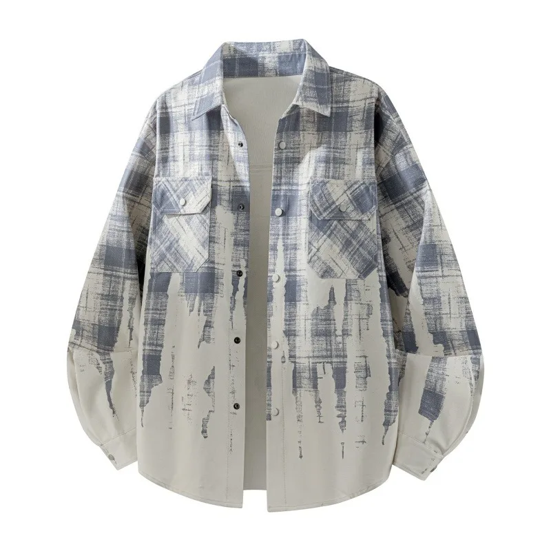 

Мужская рубашка-куртка оверсайз с длинным рукавом, американским принтом тай-дай и клетчатым узором, на пуговицах, с нагрудными карманами, в уличном стиле