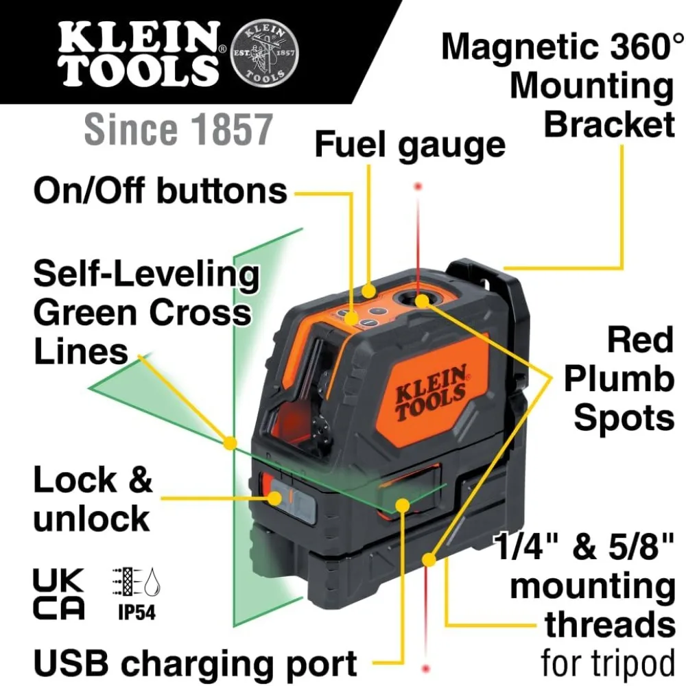 Level, Rechargeable, Cross-Line Level with Bright Green Lines, Red Plumb, Magnetic Mounting Clamp