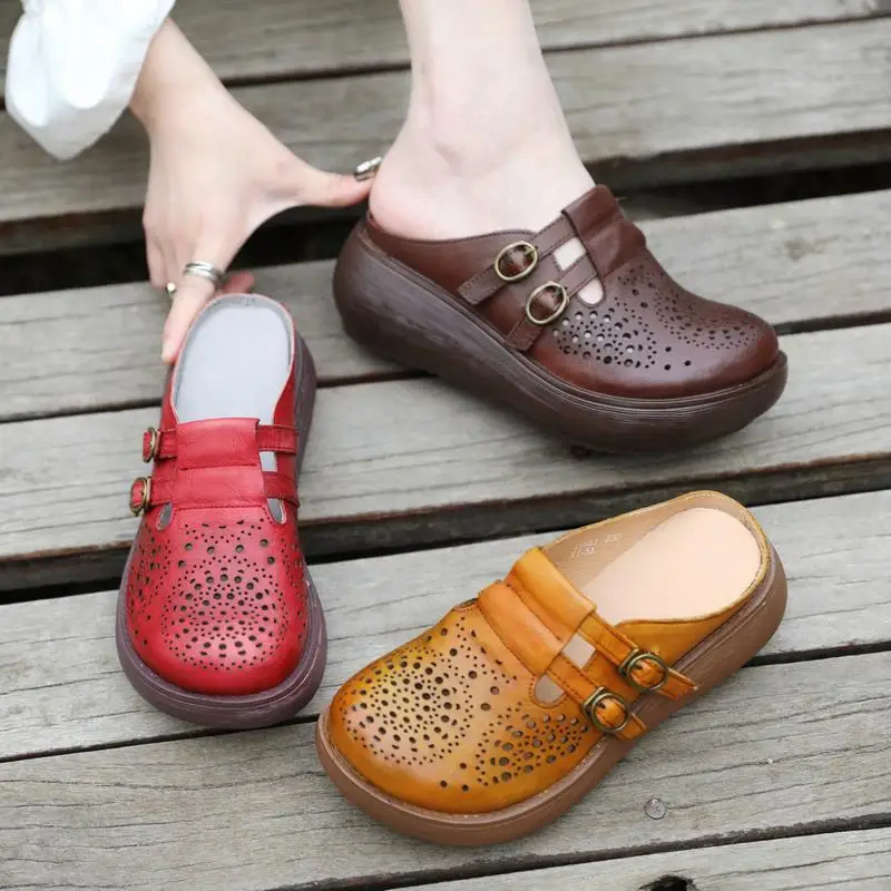 

6cm Genuine Leather Designer Platform Wedge Authentic Fashion Natural Slippers Women Hollow Sandals Rubber Soled Summer Shoes