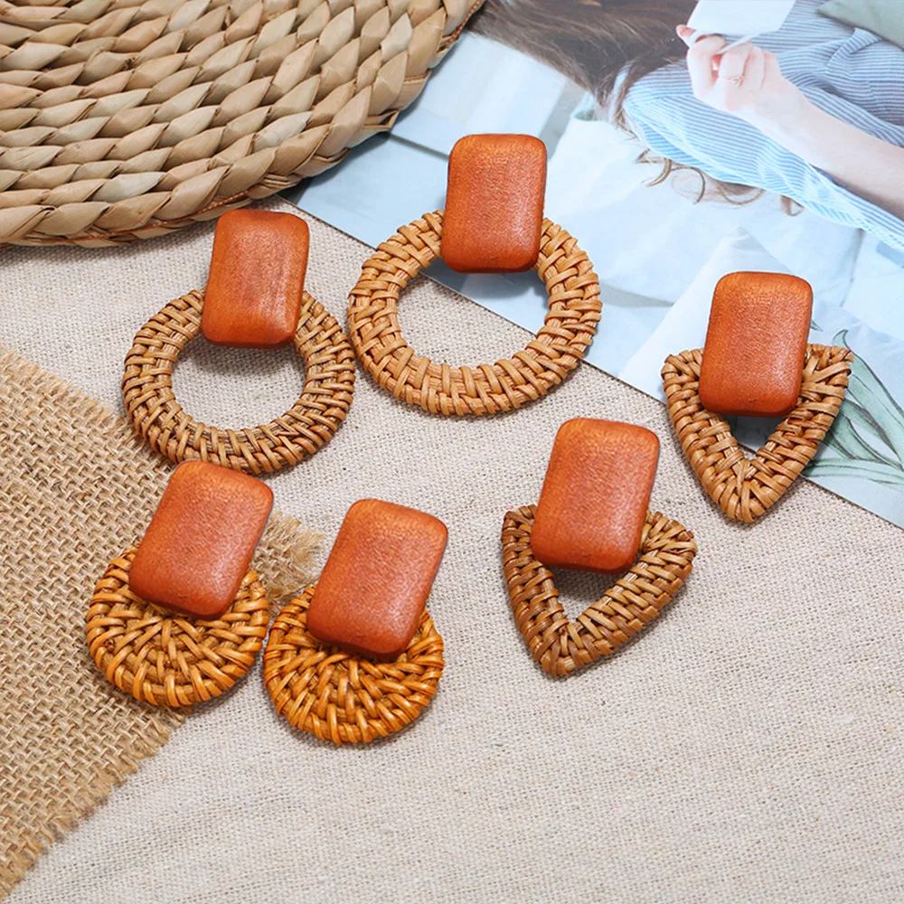 Vintage Rattan Knit Vine Handmade Straw Weave Earrings Beach Jewelry Drop Earrings Bamboo Wooden