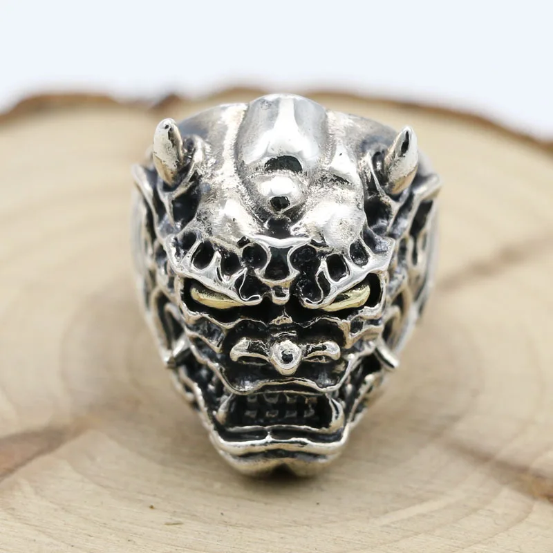 

S925 Sterling Silver Retro Thai Silver Ring Prajnaparamita Mask Demon Index Finger Ring Men's Open Ring Trendy Women's Jewelry