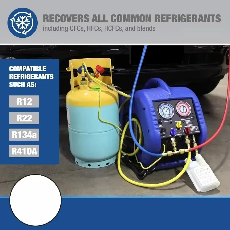 نظام استرداد مكيف الهواء للسيارات - معتمد من SAE J2810، خزان 30 رطل، ضاغط أقل الزيت، تشغيل تلقائي بالضغط المنخفض.