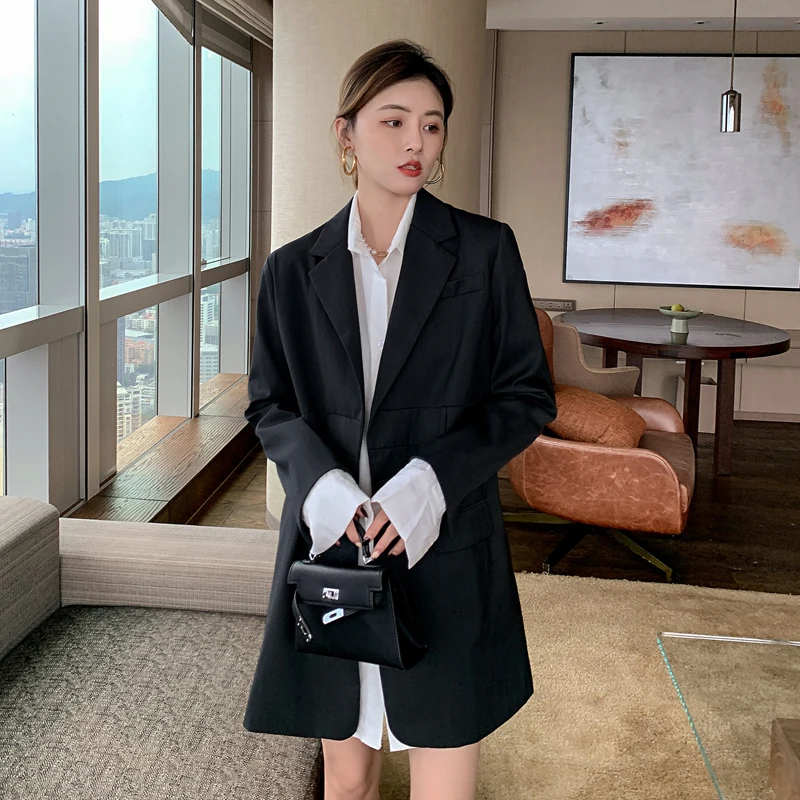 

Женский асимметричный пиджак из смесовой шерсти средней длины для весны, повседневный деловой стиль, свободный крой, длинный рукав