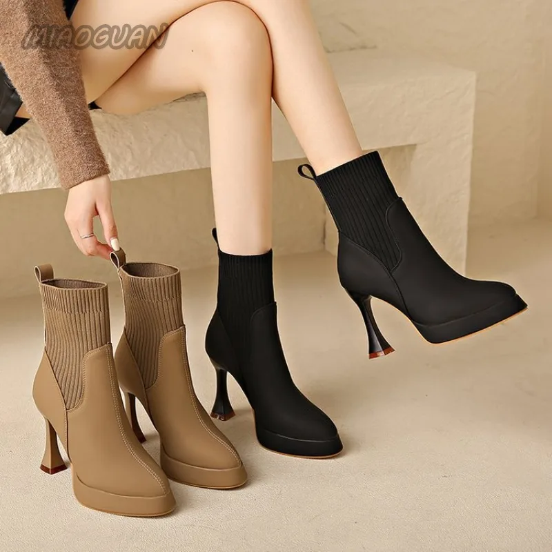 De salto alto Botas Curtas Primavera e Outono Dedo Apontado Meia Elástica Ankle Boots para As Mulheres Splicing Slip on Botas Femininas bota feminina salto salto feminino bota plataforma bota feminina cano curto bota