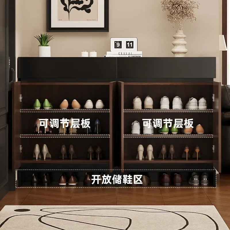 style entrance door shoe cabinet against the wall, large-capacity multi-layer storage cabinet, walnut color, customizable