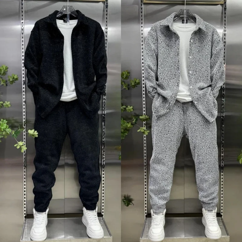 2pcs Spring and Autumn Fashion Casual Loose Shirt Set 2025 Men's Textured Top and Trousers Set