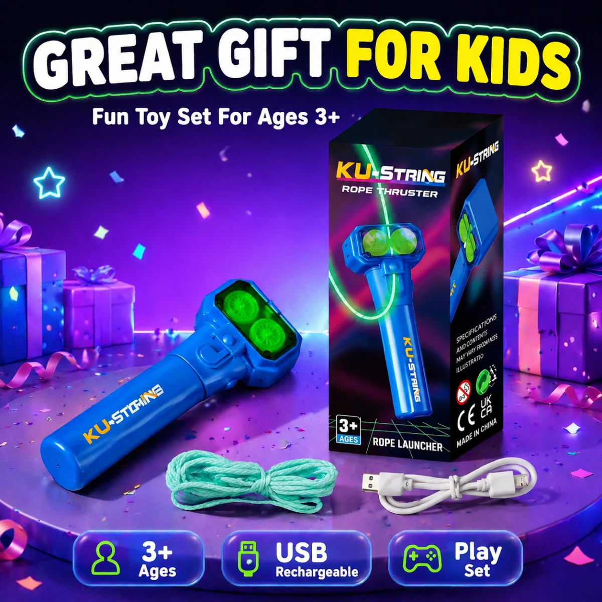 Glow in the Dark String Launcher Toy Floating Rope Thruster Portable Decompression Sensory Toy for Kids Adults