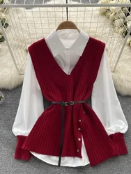 Autumn Winter Women Vest V-Neck Single Breasted Irregular Knit Vest+Splice White Casual Loose Shirt Two Piece Set D2153