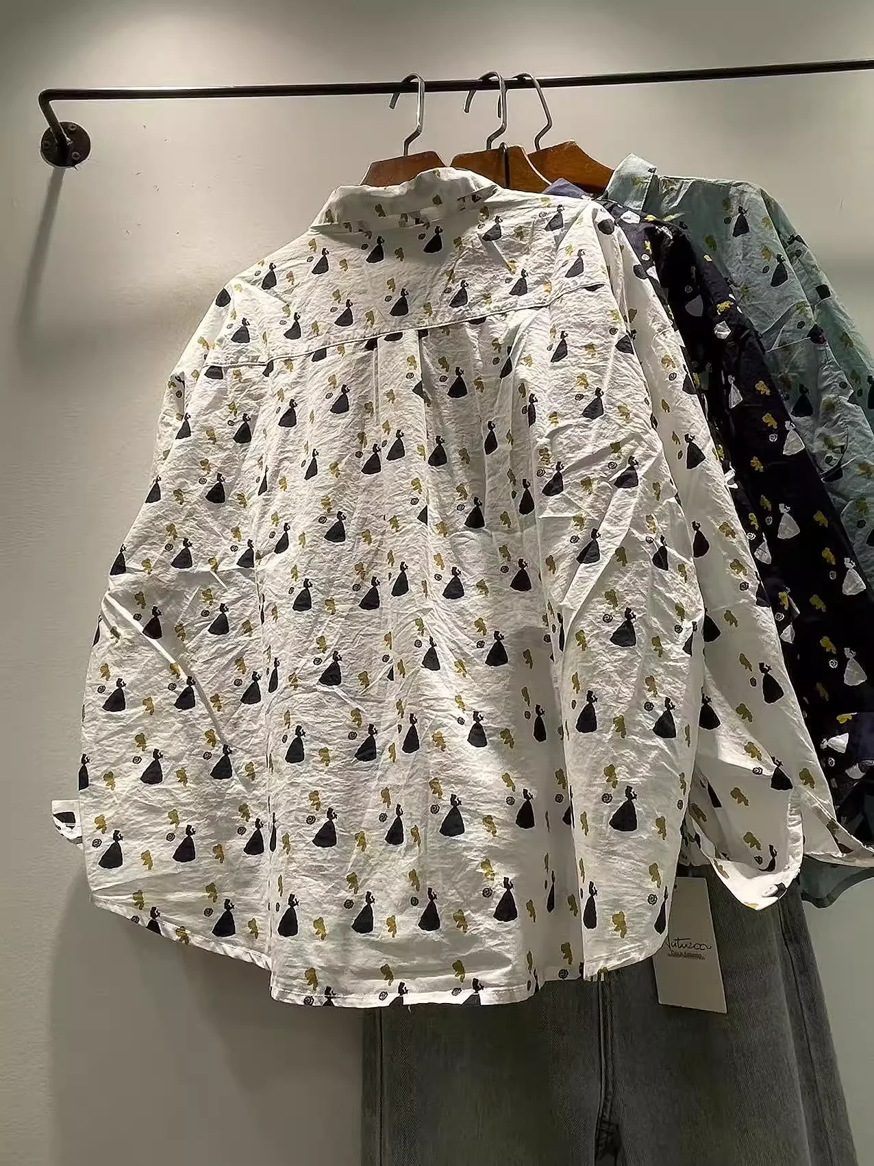 Japanese vintage clothes 100% cotton autumn women shirts plus size tops cartoon dancing girl print long sleeve blouses