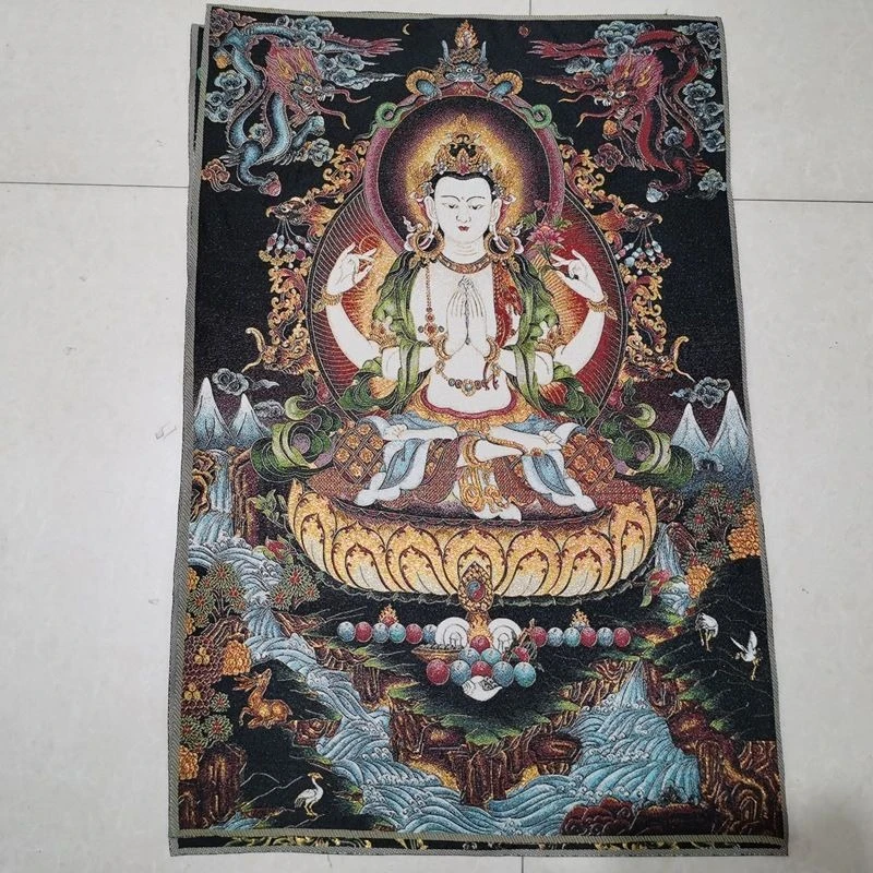 Tibet Tibetan Cloth Silk Four-armed avalokitesvara Thangka Tangka Embroidery Painting Embroidery Hanging Pictures