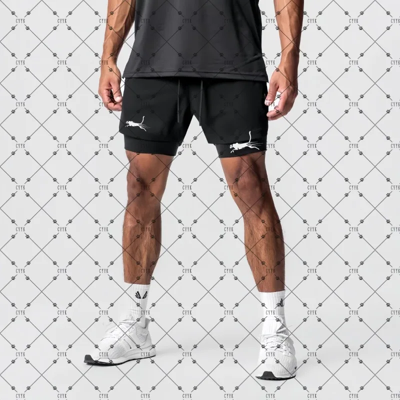 남성 피트니스 투인원 반바지 더블 레이어 비치 바지 트렌디 프린트 스포츠 반바지 야외 훈련 러닝 반바지 M-3XL