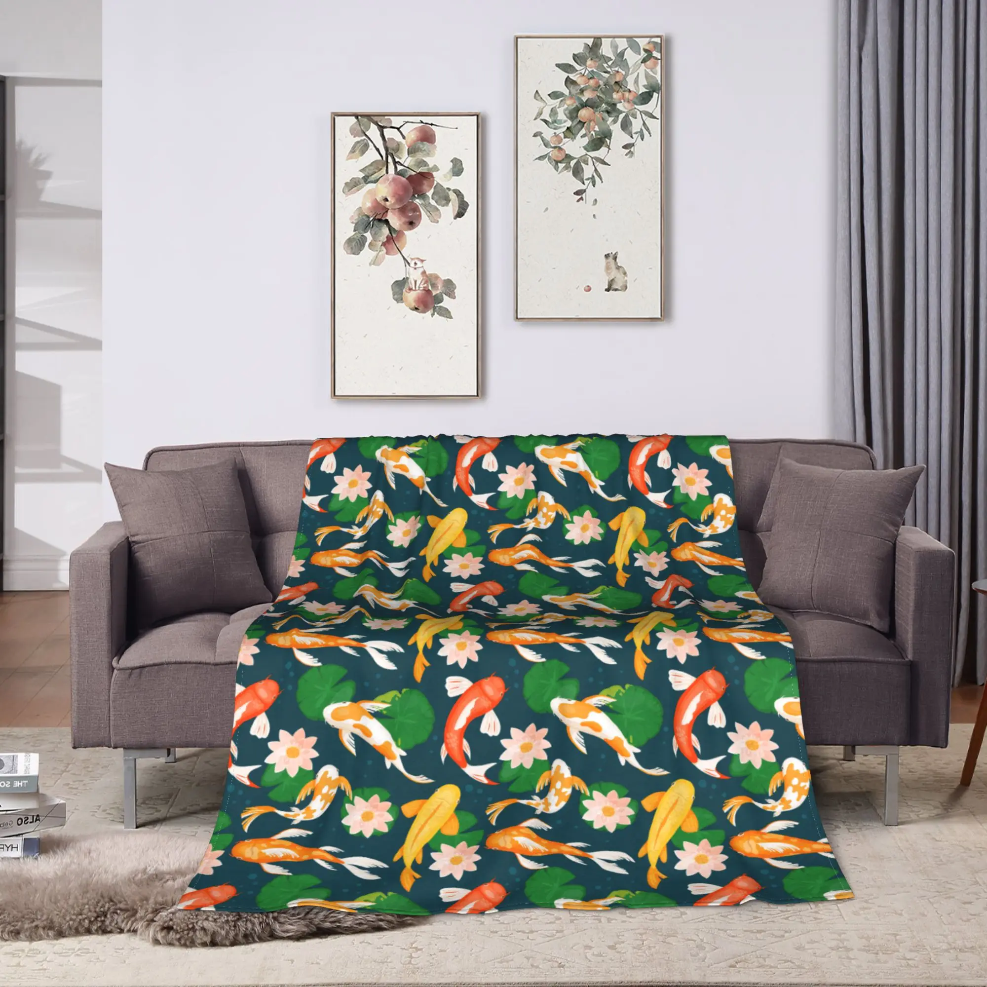 Koi Carp in Lotus Pond Throw Blanket Comfortable Graphic Blanket  For Living Room Travel Car Flannel Bedspread Bed Cover