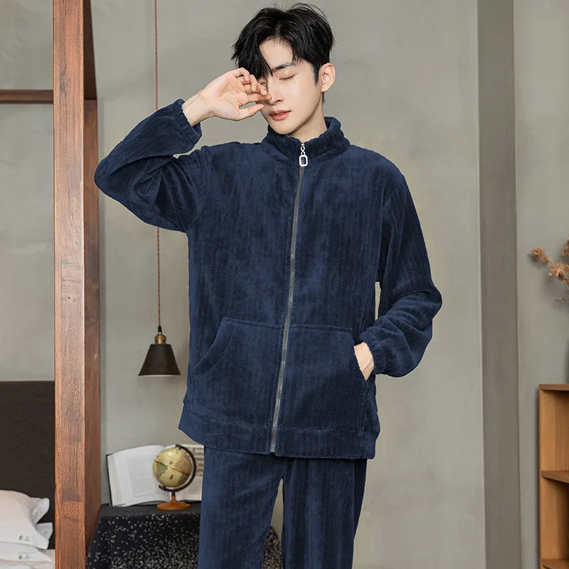 Men\'s Pajama Sets Winter Warm Homewear Flannel Loose Zip-up Nightwear 2 Pieces Thickened Sleepwear Male Home Clothes Big Size