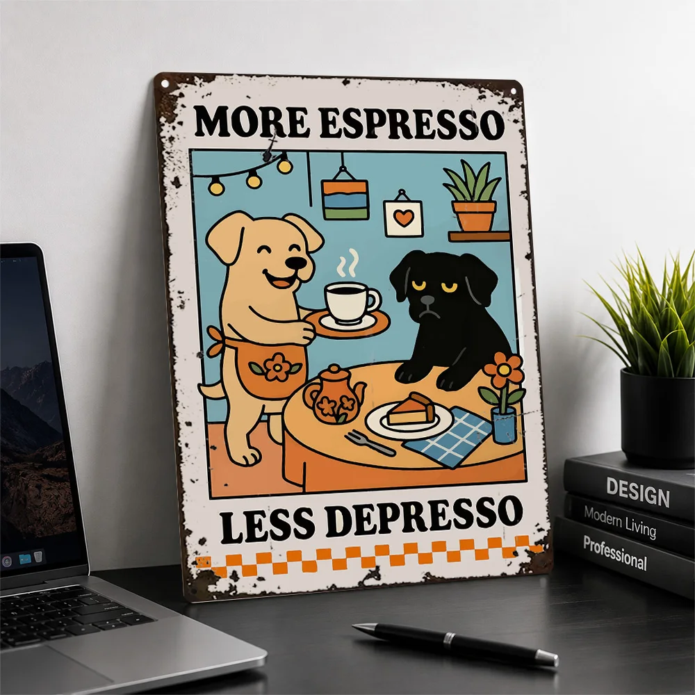 Espresso Depresso Cat And Dog Aluminum Poster Playful Cartoon Wall Art For Kitchen Personalized Metal Sign Coffee Lover Gift