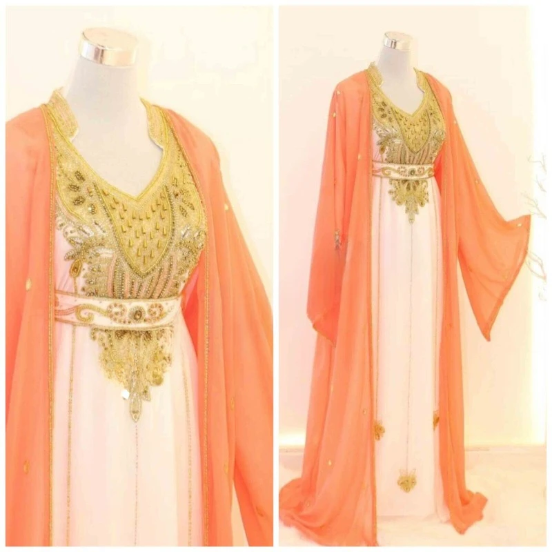 

Peach 8 White Moroccan Dubai Elegant Embroidered Caftans Perfect for Any Occasion