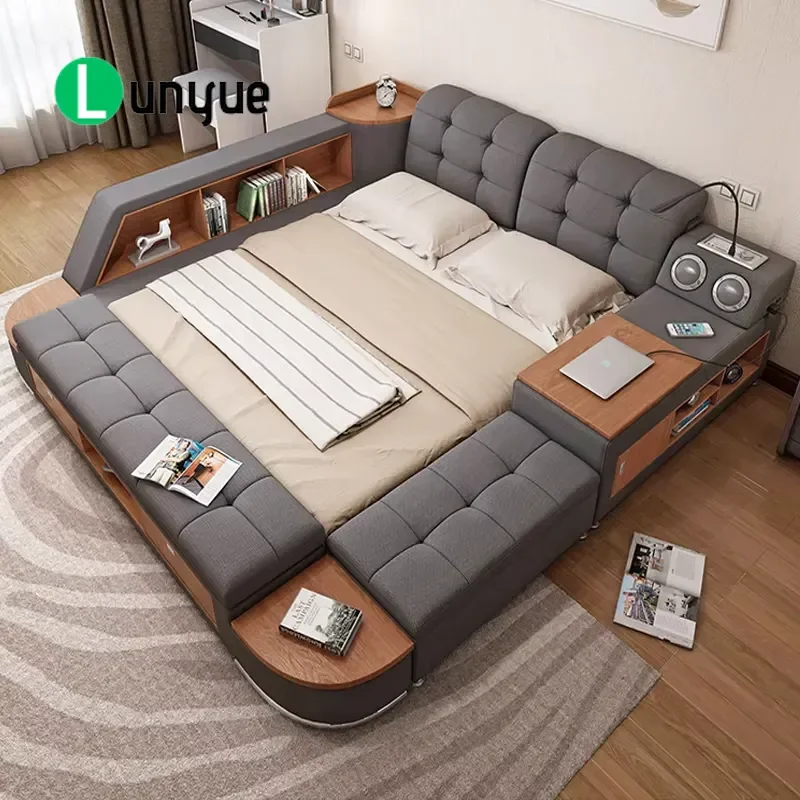 King/Queen/Twin Size Adjustable Modular Luxury Modern Fabric Smart Bed with Storage Tatami Design Soft Bed