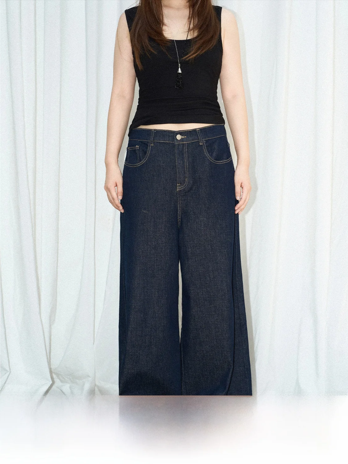 

Широкие джинсы с высокой талией в американском стиле ретро Jinggu een Label Deep Blue Blues Tead Line Прогулочные джинсы Повседневная высокая талия