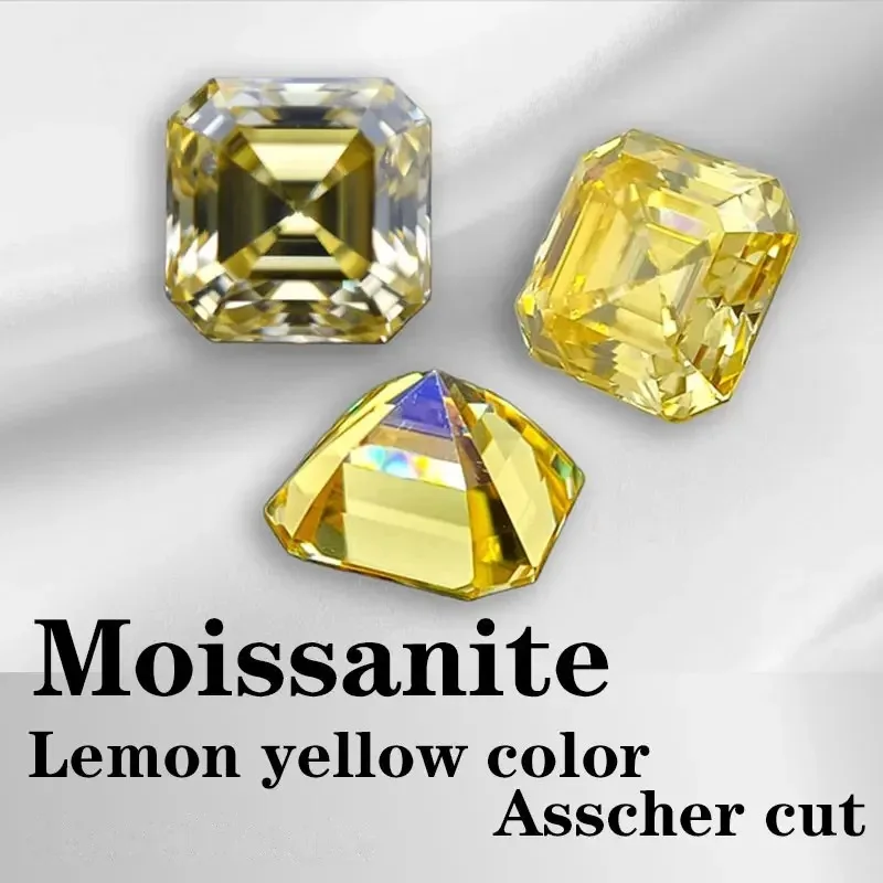 Moissanite VVS1 Square Shape Asscher Cut Lemon Yellow Color Certificate Artificial Gemstone