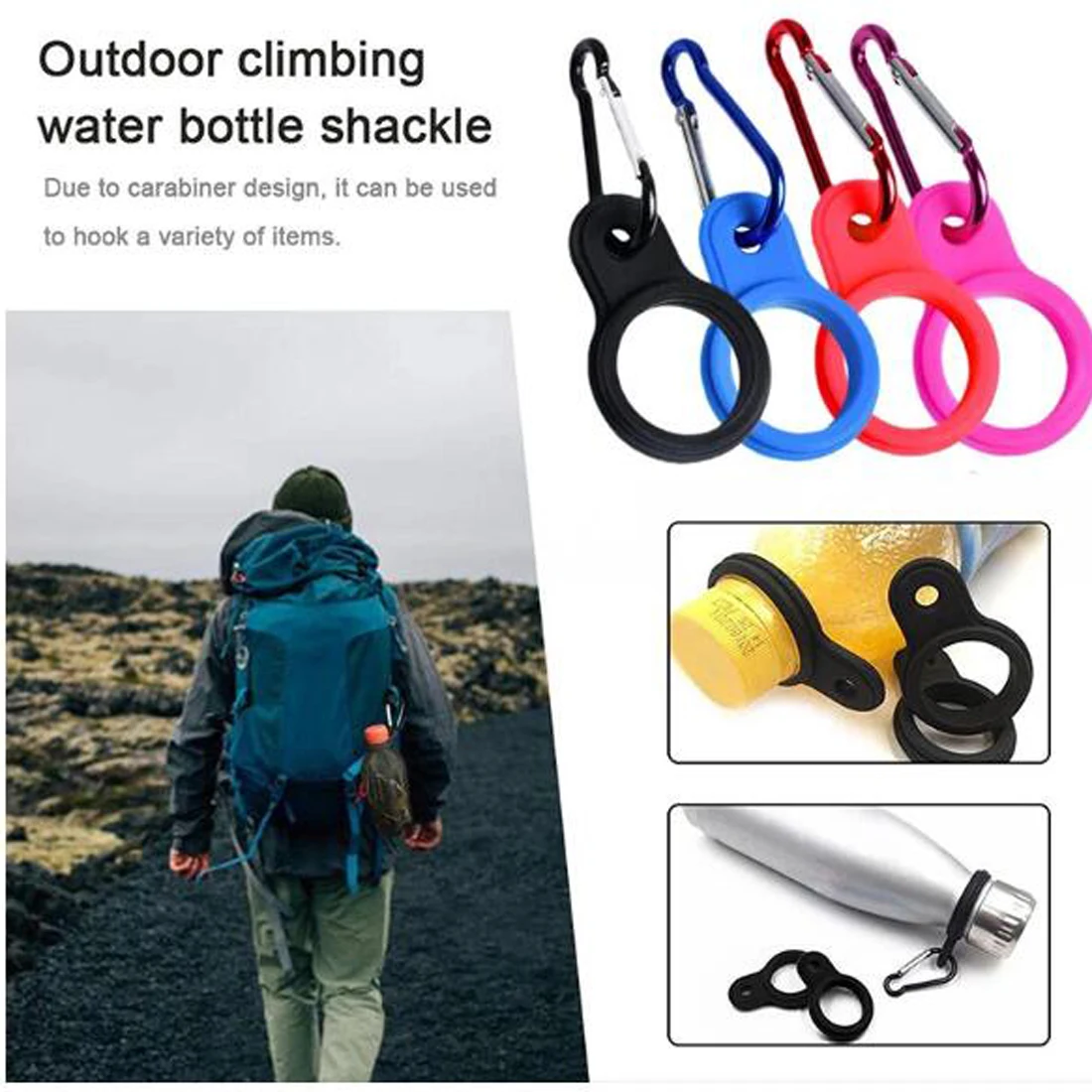 Kettle Hanging Buckle Water Bottle Holder Clip Silicone Carabiner Hook, Backpack Hanger with Metal Keychain for Outdoor Camping