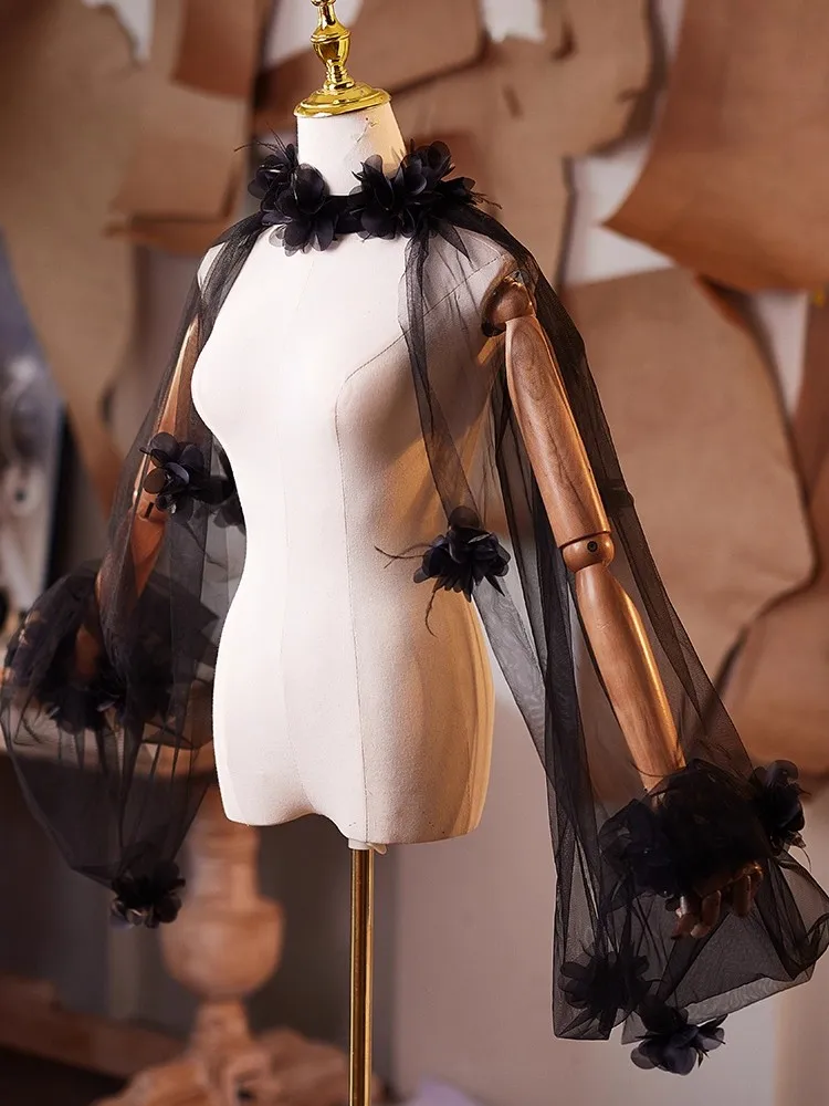 المرأة زهرة سوداء شبكة الباشمينا أداء الإناث عرض الحفلات شال عباءة طوق R2672