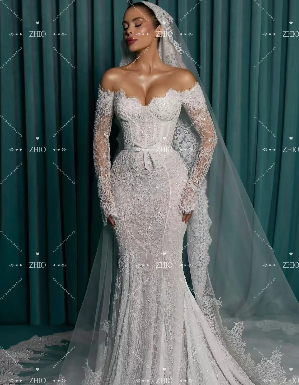 ZHIO فستان زفاف رائع من الدانتيل بدون أكتاف سويب تراين حورية البحر فستان زفاف مخصص رداء دي ماري للعروس جديد 2026 #3