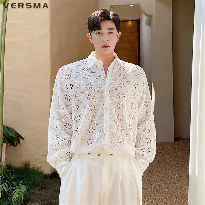 

VERSMA Japanese Harajuku Chic Sexy Openwork White Shirt Men Summer Streetwear Long Sleeve Loose Shirts Women Blouse Dropshipping