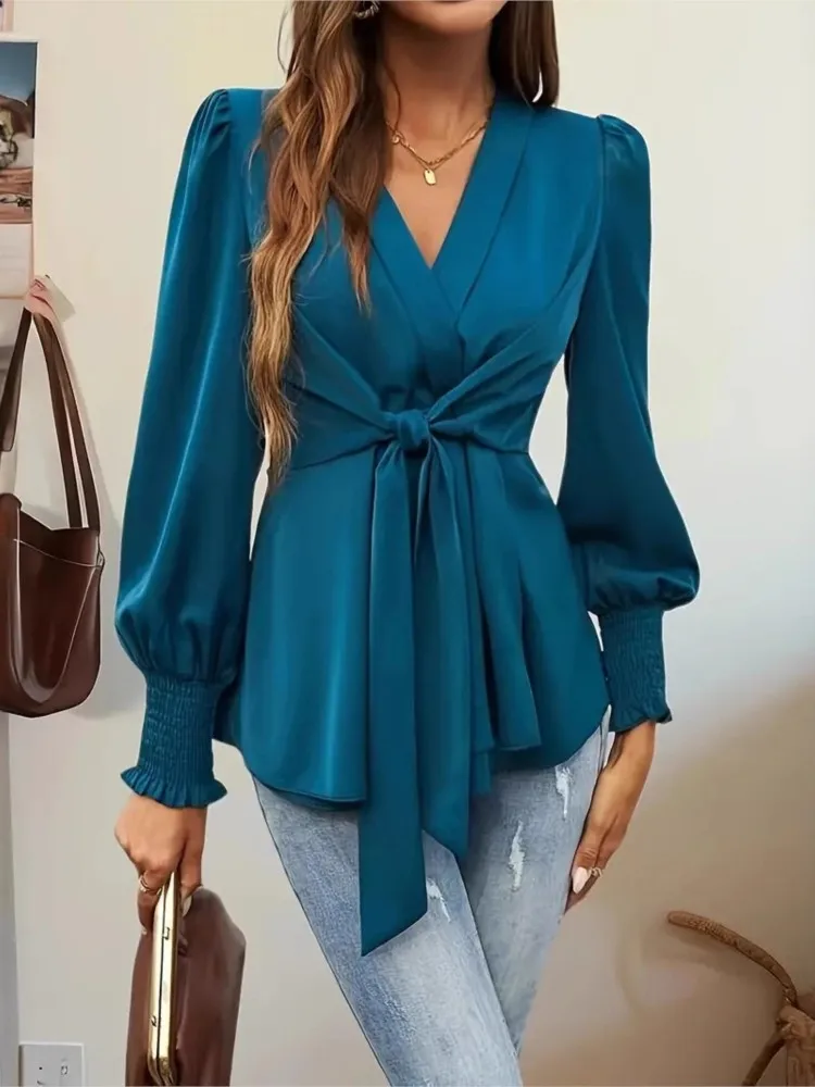

Elegant V-neck Lace Up Waist Cinching Autumn Women's Clothing New Casual Loose Solid Color Pullover Shirt For Women