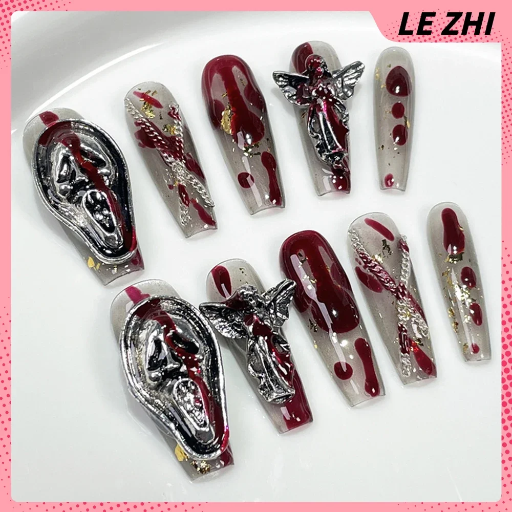 10Pcs Spice Girl Long Square Stiletto Handmade Press On Nail Golden Flower Star Magic Mirror Powder Pearl Diamond Fake Nails - view 3