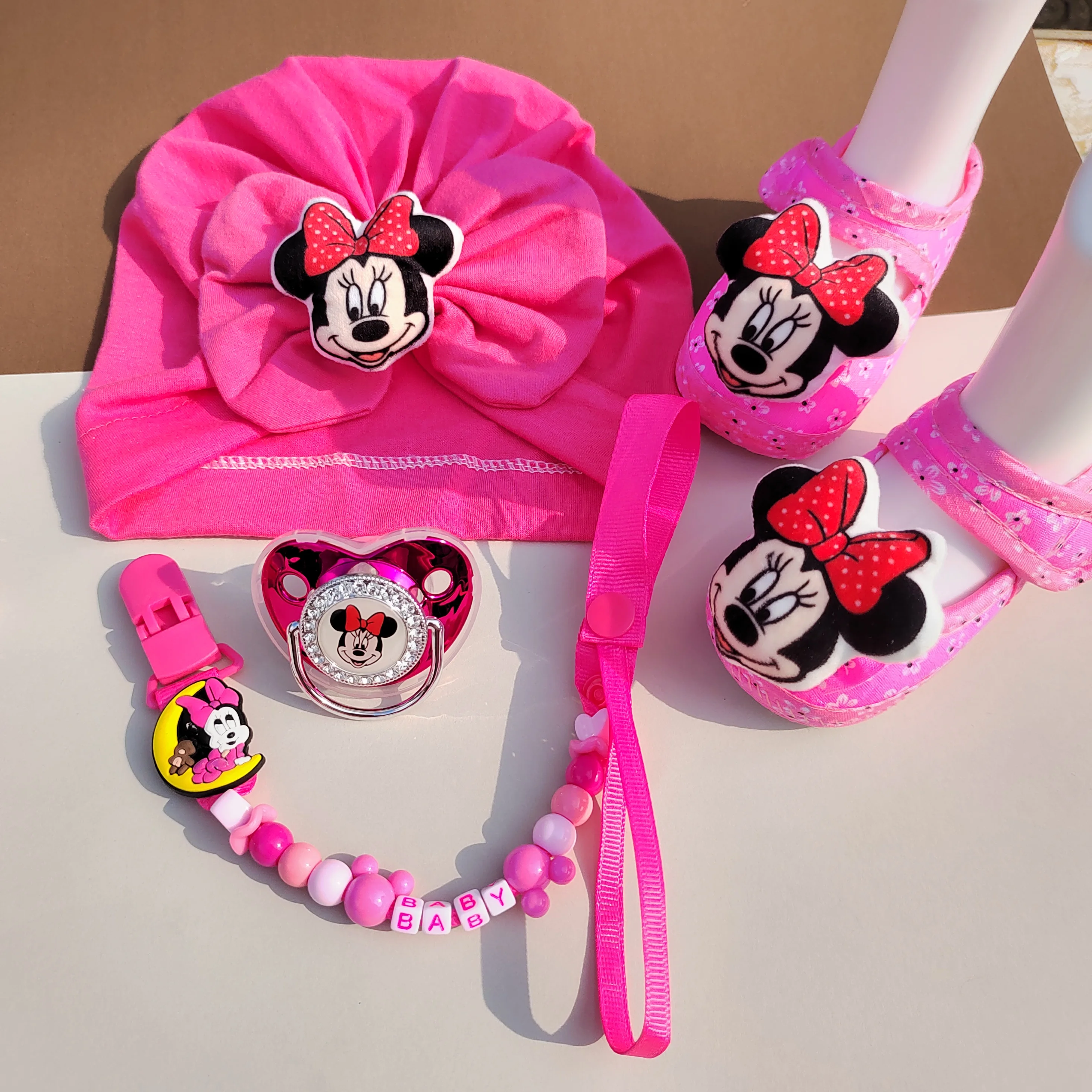 Girl Minnie Mouse hat shoes 3D image printed pacifier for baby New Disney Handmade baby shower gift with newly designed clip