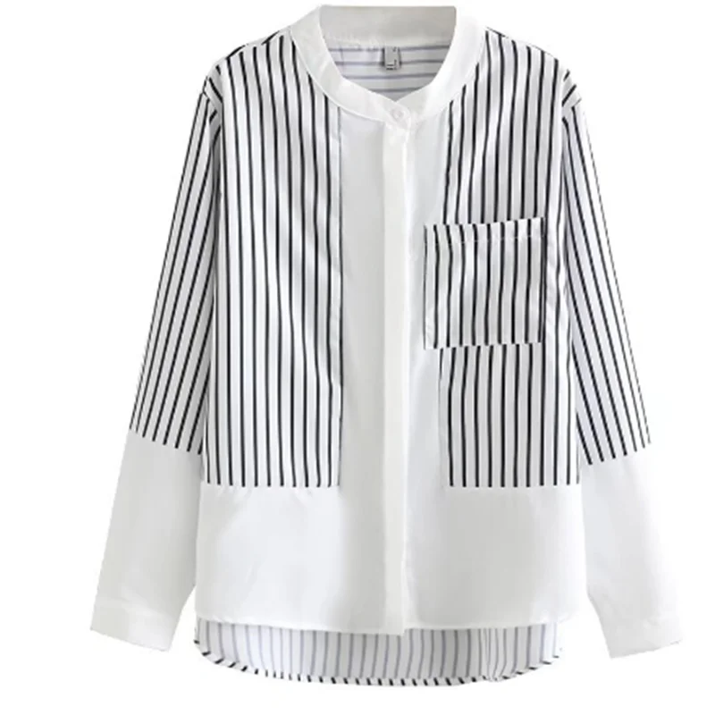 Plus-Size Women's Spring 2022 New Striped Patchwork Round Collar Mid-Length Long-Sleeve Shirt 156