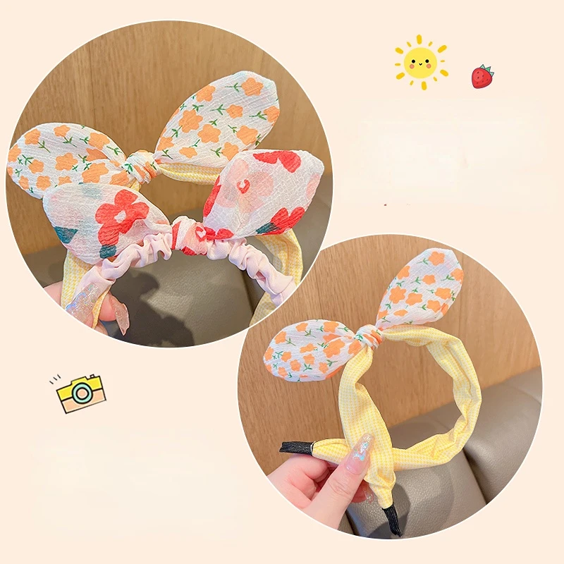 3 Pcs/Set Children Cute Colors Printed Lattice Stripes Hair Hoop Hairbands Girls Lovely Bow Ears Headbands Kids Hair Accessories