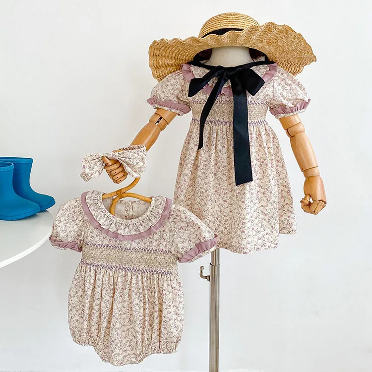 

‌2025 Korean Style Baby Girls Summer Dresses Floral Print Toddler Infant Romper Lace Princess Matching Sister Matching Outfits