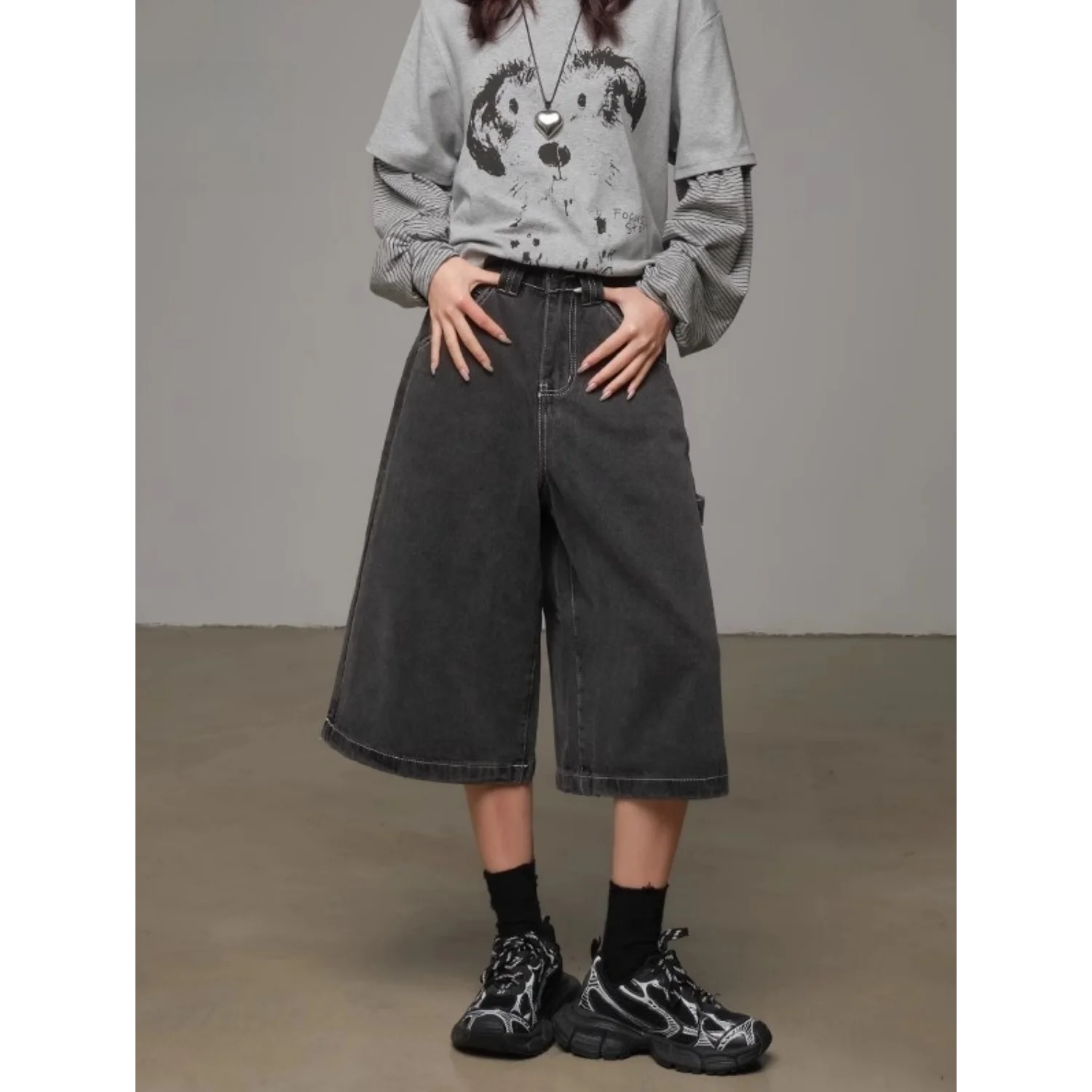 American Retro Waed Gamba larga Denim orts Donna Estate Casual Vita alta Allentato Dimagrante Pantaloni a sette piedi Casual Sle