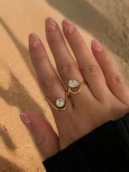 Peri'sbox 2 Unique Designs Water Drop Circular Zircon Rings Stainless Steel Gold Plated Finger Jewelry Trendy Women Accessories