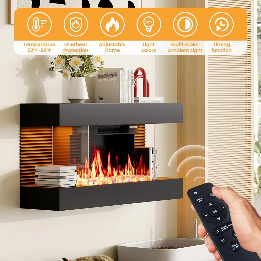 مدفأة كهربائية مثبتة مقاس 18 بوصة مع رف عائم مقاس 32 بوصة، وحدة الكل في واحد تتميز بأحجار كريستال ملونة