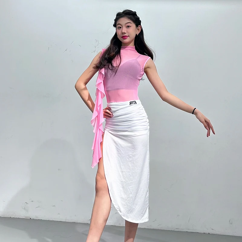 

New Women Latin Dance Practice Clothing Pink Mesh Tops White Slit Skirt Rumba Tango Dance Performance Clothes Club Dress NV22483