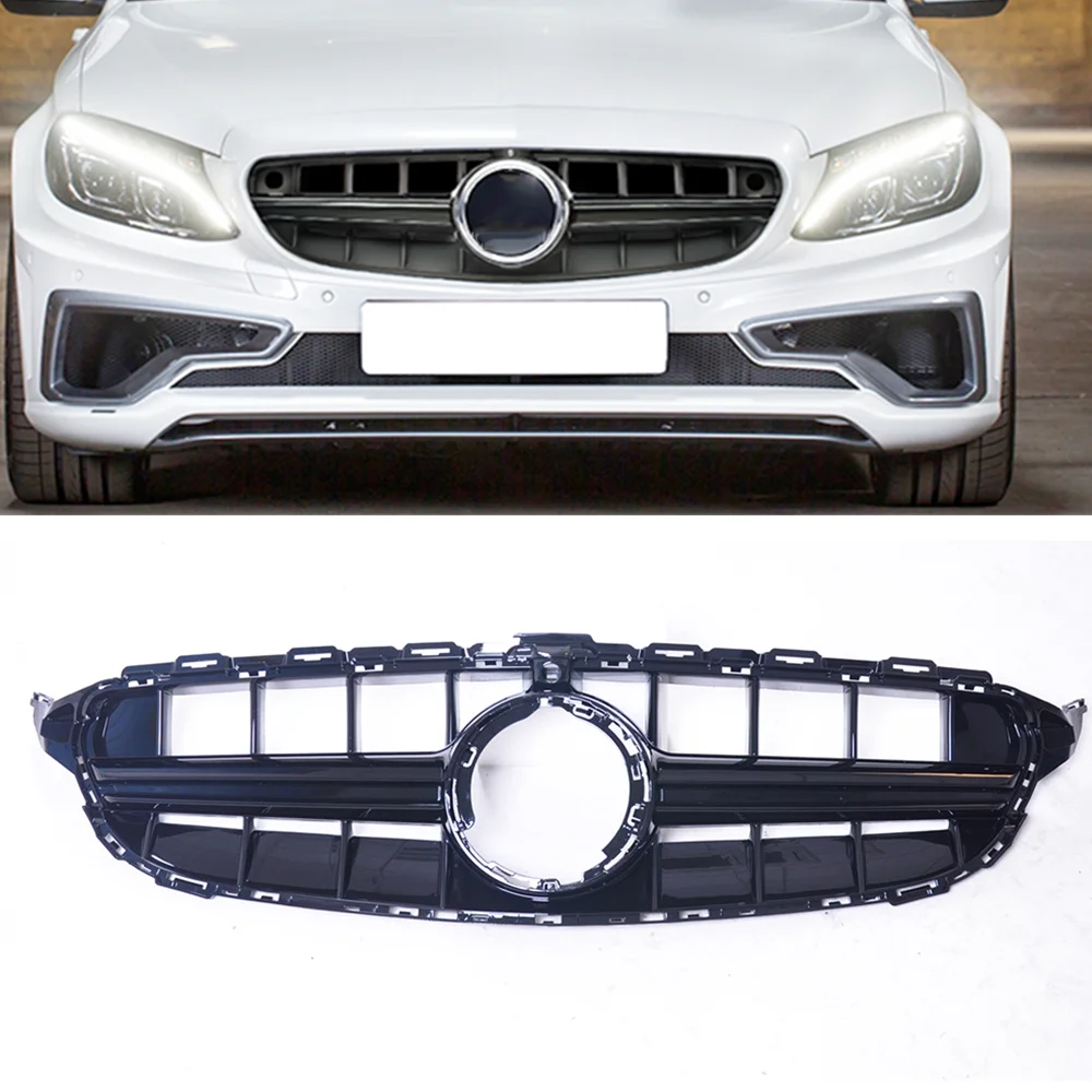 

E63 Style Front Grille For Mercedes Benz C Class W205 AMG 2014-2018 Sport Black Car Upper Bumper Hood Mesh Grid With Camera Hole