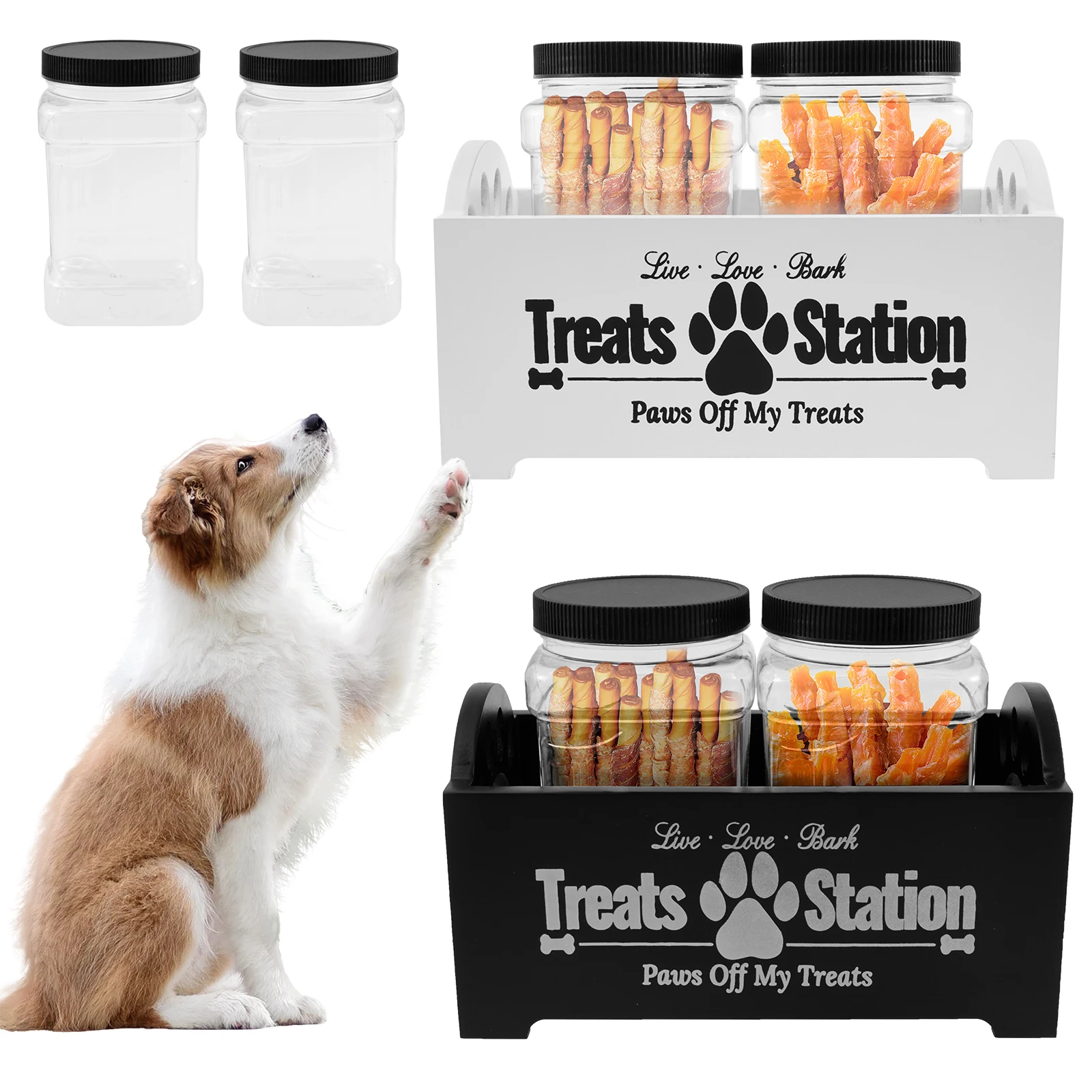 Dog Treat Container for Dog Cat Food Storage Pet Food Storage Organizer, Wood Dog Treat Holder with 2 Plastic Cat Dog Treat Jars