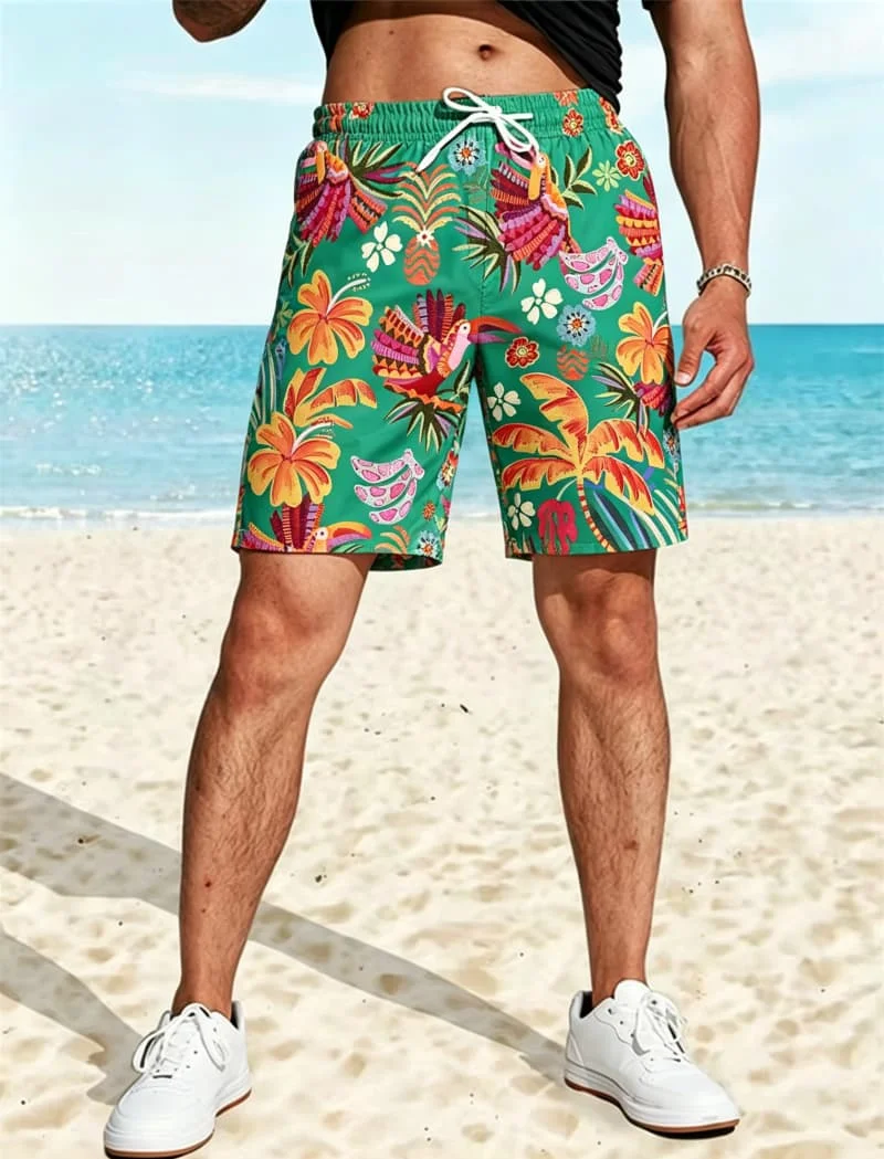 Men's tropical folk style printed beach shorts, lightweight, breathable and comfortable, suitable for beach vacations