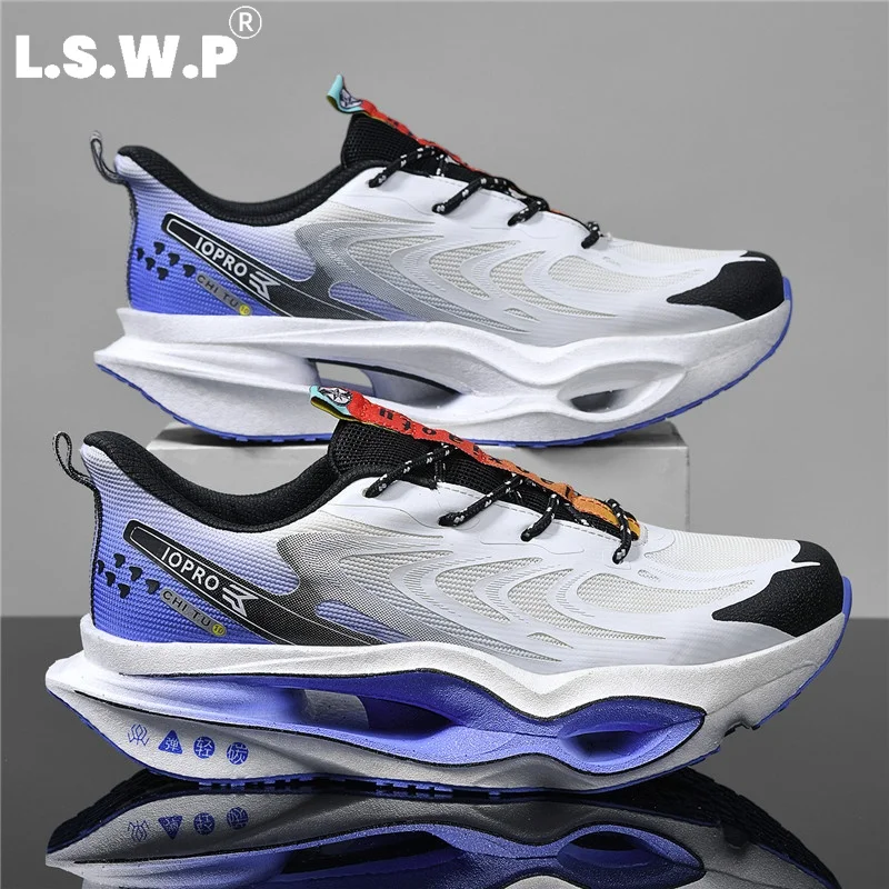 Men's Hollow-Out Sole Racing Running Shoes, Summer Mesh Breathable Sports Shoes, High-Elastic Shock-Absorbing Thick-Soled Height-Increasing Men's Shoes, Lightweight, Non-Slip, Wear-Resistant Outdoor Running, Fitness, Daily Commuting Men's Running Shoes
