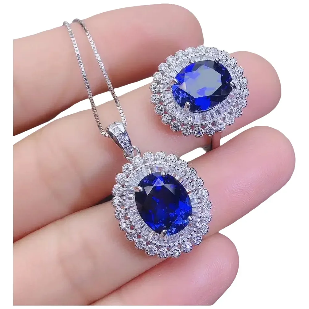 

KJJEAXCMY-925 Sterling Silver Inlaid Natural Sapphire Pendant Ring Set, Women's Fine Jewelry, Support Detection