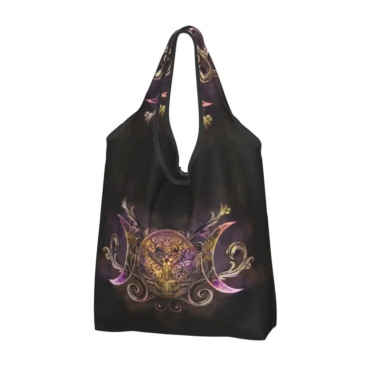 

Custom Triple Moon Goddess Midnight Shimmer Shopping Bag Women Portable Large Capacity Groceries Pagan Wiccan Tote Shopper Bags