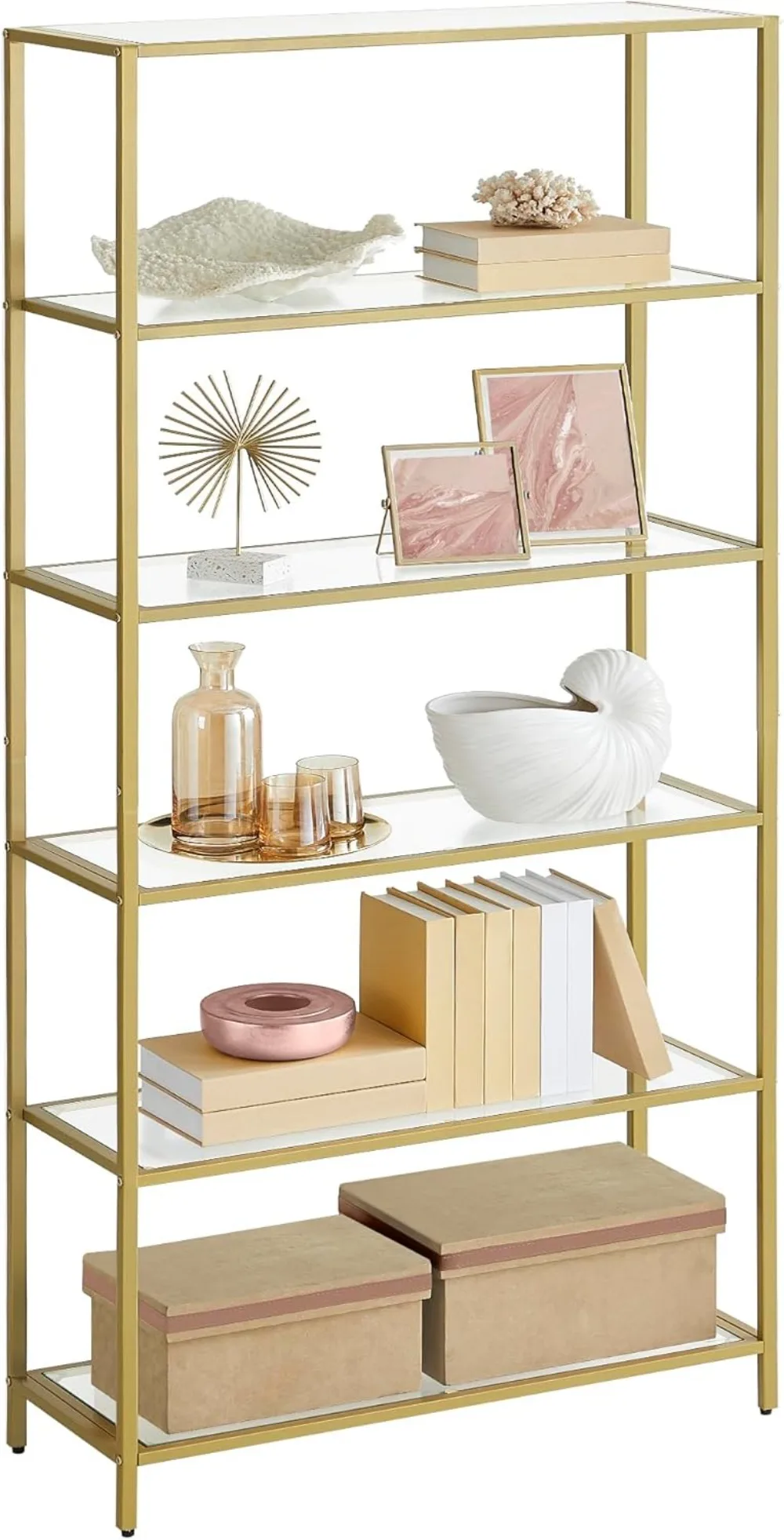 

Bookcase, 6-Tier Bookshelf, Slim Shelving Unit for Bedroom, Bathroom, Home Office, Tempered Glass, Steel Frame, Metallic Gold